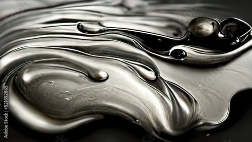 Melted iron metal. 4K liquid silver paint. Abstract texture of shiny grey liquid with reflections. Close up  macro 3d render of grey chrome. Abstract melted metal wallpaper. 3D rendering background.