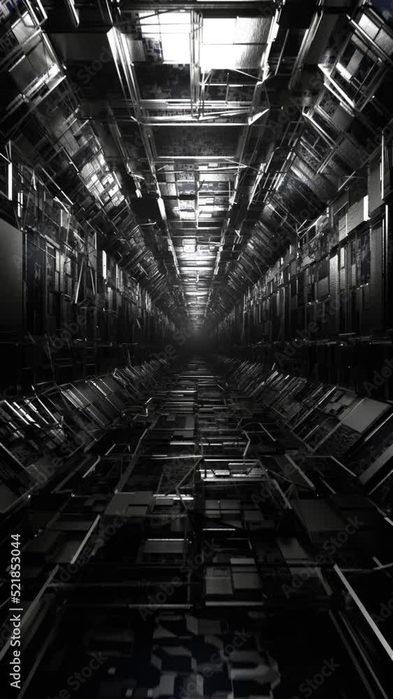 Futuristic technological tunnel. Spaceship tunnel. Looped animation. Vertical video