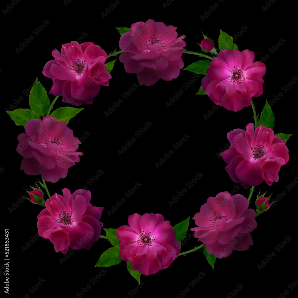 Roses. Flowers. Floral pattern. Rose wreath. Leaves. Burgundy. Black background. Roses. Flowers. Floral pattern. Rose wreath. Leaves. Burgundy. Black background.