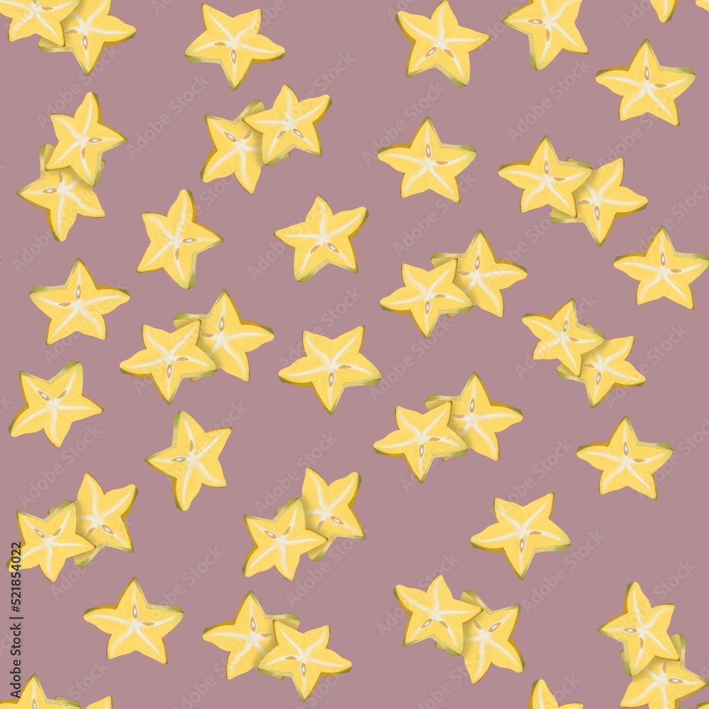 Surface pattern with Star fruit on a pink background. Star fruit texture seamless pattern print background. Surface pattern with Star fruit on a pink background. Star fruit texture seamless pattern print background.