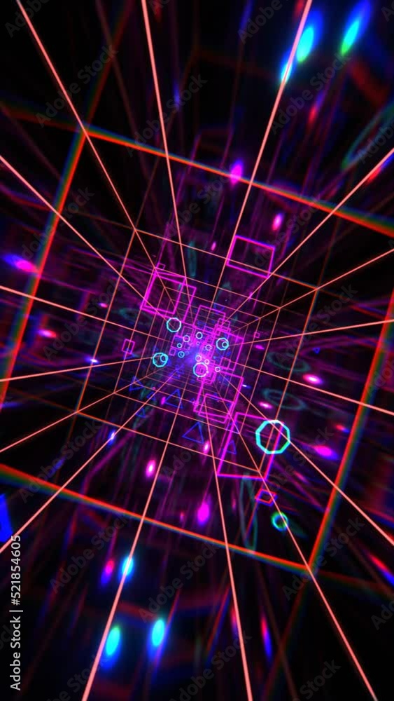 Rotation of a mirror tunnel with luminous geometric shapes. Looped animation. vj loop Vertical video Rotation of a mirror tunnel with luminous geometric shapes. Looped animation. vj loop Vertical video