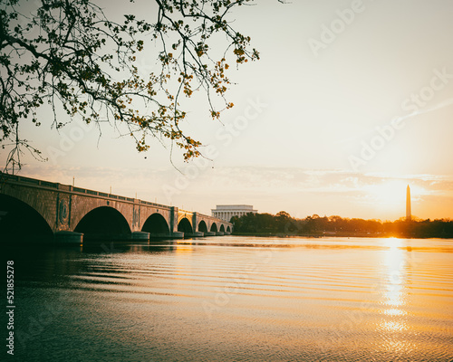 Lincoln Memorial with Arlington Memorial Bridge and Potomac river at dawn, Washington DC photo