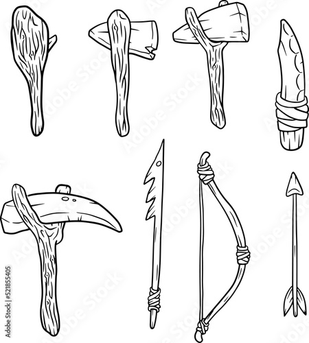 Set of items of primitive man and hunter. Weapons of caveman. Stone age hammer, axe and club. Lifestyle and tool. Cartoon illustration