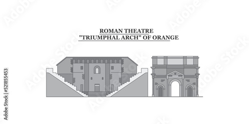 France, Orange city skyline isolated vector illustration, icons
