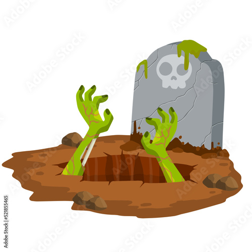 Grave. Hole in brown ground. Green hands of dead zombie.