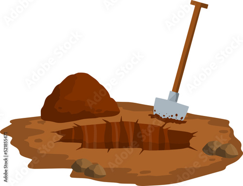 Digging a hole. Shovel and dry brown earth. Grave and excavation. Cartoon flat illustration in white background. Funeral in desert. Pile dirt and stones