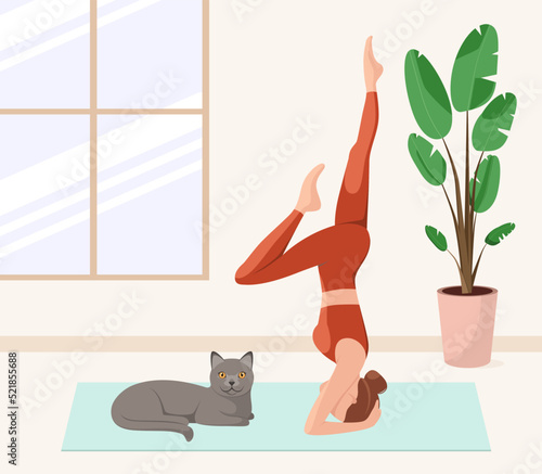 A woman does yoga at home. Cartoon design.
