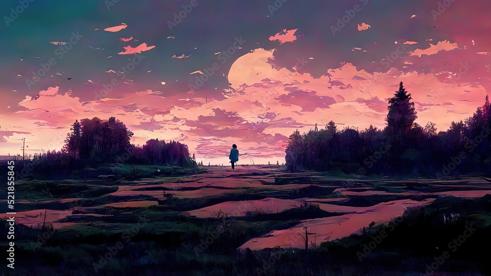 Anime, manga landscape at dusk. 4K moody, lofi, abstract background. Sad  beautiful artwork with pink clouds and fields. Stock Illustration | Adobe  Stock