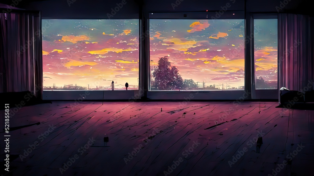 Anime, manga empty room at dusk. 4K moody, lofi, abstract background. Sad  beautiful artwork with pink clouds. Stock Illustration | Adobe Stock