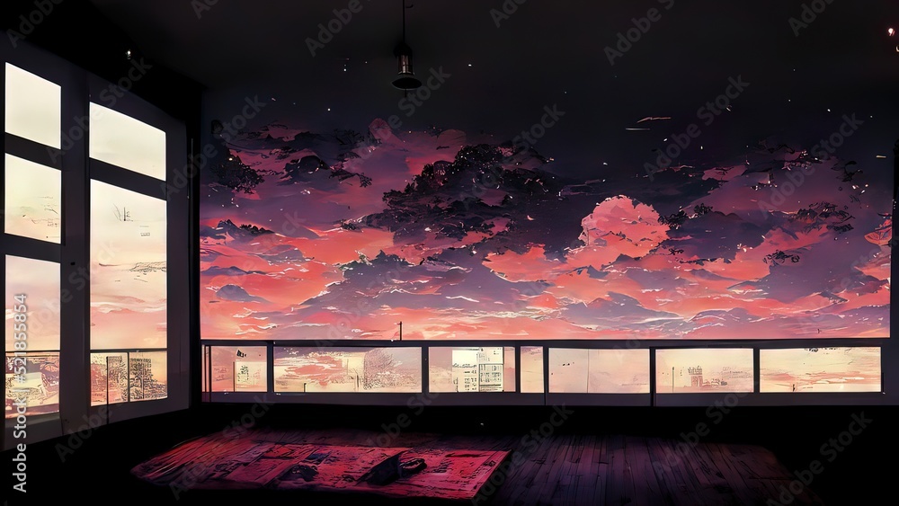 Anime, manga empty room at dusk. 4K moody, lofi, abstract background. Sad  beautiful artwork with pink clouds. Stock Illustration | Adobe Stock