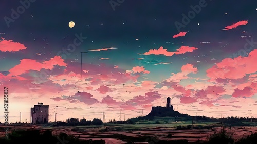 Anime  manga landscape at dusk. 4K moody  lofi  abstract background. Sad beautiful artwork with pink clouds and fields.