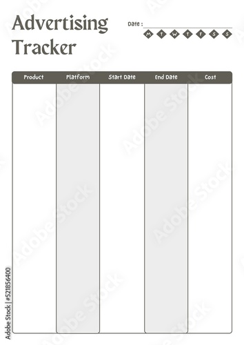 Clean and Elegant Advertising Tracker Planner Pages Sheet. Minimalist Planner Page Template. Modern planner template sheet.