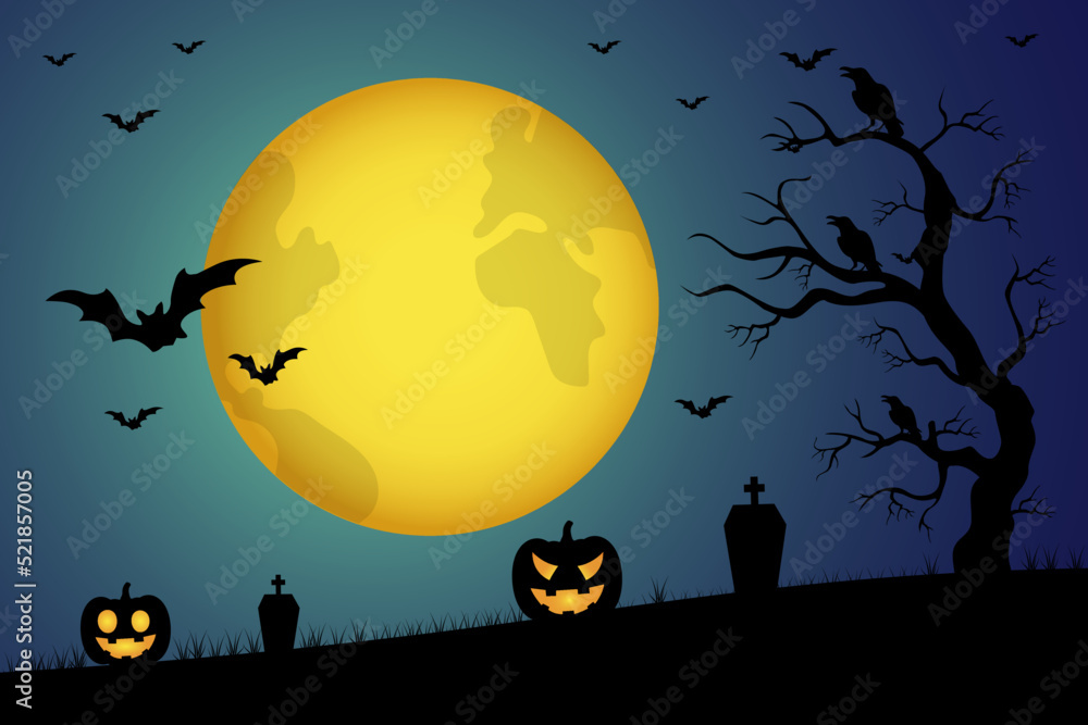 Halloween background with pumpkin in grass, tree,moon and bat. Design for poster,banner,web. Vector illustration Halloween background with pumpkin in grass, tree,moon and bat. Design for poster,banner,web. Vector illustration