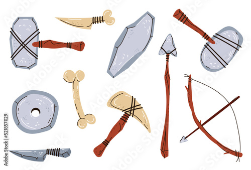 Ancient primitive caveman old age archeology weapon tools isolated set. Vector doodle line style design element