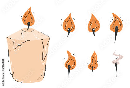 Vector doodle line art style candle with different flame shapes isolated set. Vector doodle line style design element
