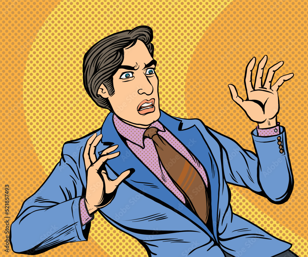 Fototapeta premium Young businessman shocked, scared, worried.hand drawn style vector design illustration.