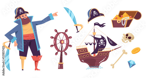 Pirate captain character with tools isolated set collection concept. Vector graphic design element illustration