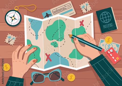 Travel trip map lay on wooden desk. Tourism vacation infographic top view banner concept. Vector graphic design element illustration