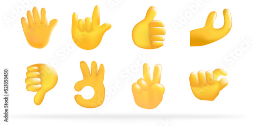 Hands set of realistic 3d design in cartoon style. Minimal style. Hand shows different gestures signs isolated on white background. Vector illustration.