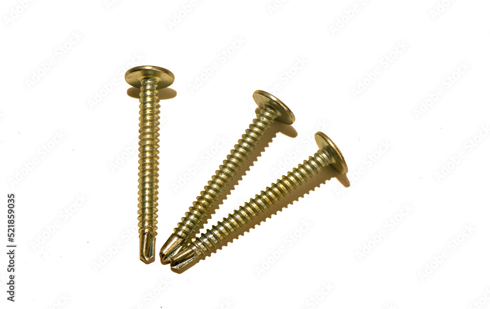 three self-tapping screws on a white background three self-tapping screws on a white background