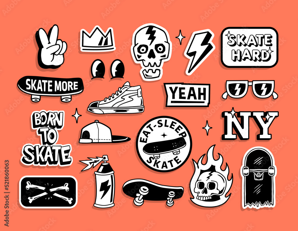 Skateboard badges, stickers. Vector illustrations of peace hand sign, skull, hat, shoes, sunglasses, lightning and skateboards. - obrazy, fototapety, plakaty 