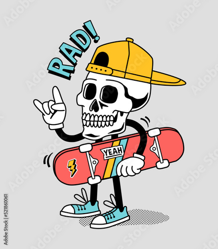 Cartoon skater skull character illustration. Vector graphic for apparel prints, posters and other uses.