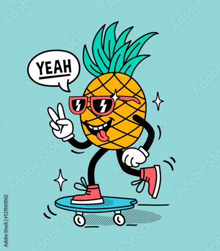 A cartoon pineapple character skateboarding. Vector design for apparel prints, posters and other uses.