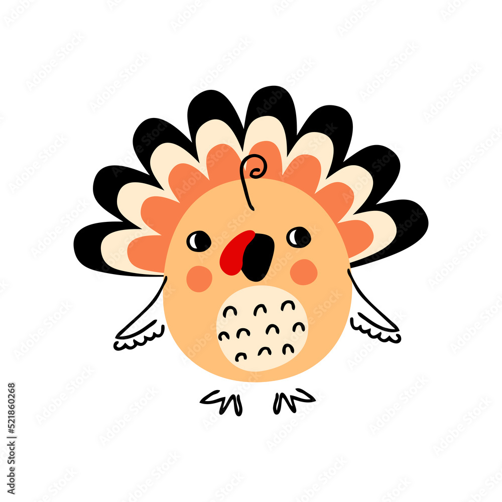 Turkey bird for thanksgiving day stickers, poster, card, invitation. Hand drawn isolated vector illustration for decor and design.