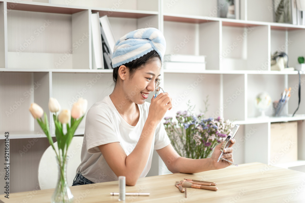 Half Japanese woman putting on makeup and hair to prepare for work in the morning, Facial care and cosmetics, Make up mirror, Take a shower and put on make-up and get dressed and ready to go to work Half Japanese woman putting on makeup and hair to prepare for work in the morning, Facial care and cosmetics, Make up mirror, Take a shower and put on make-up and get dressed and ready to go to work