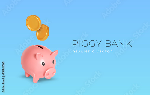 Realistic vector Gold coin fly around the piggy bank. Symbol of profit and growth. Design object for advertising sale. Stability and security of money storage. Vector illustration. photo