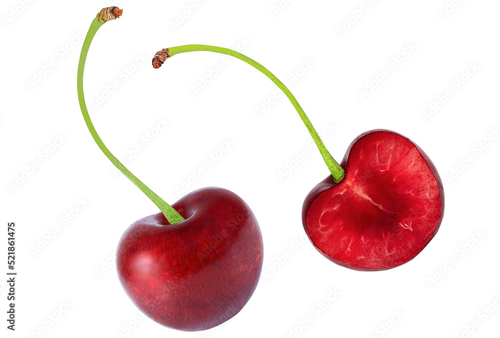 Cherries on an isolated white background. Whole and half cherries Cherries on an isolated white background. Whole and half cherries