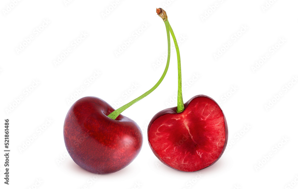 Cherry on an isolated white background. Whole and half cherries. Cherry on an isolated white background. Whole and half cherries.
