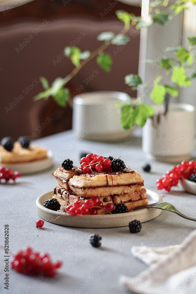 Waffle with berries and chocolate Waffle with berries and chocolate