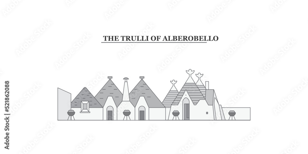 Italy, Alberobello city skyline isolated vector illustration, icons