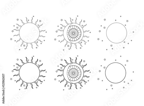 Sun, full moon and stars. Esoteric image for magical and astrological charts. Linear illustration isolated on white background