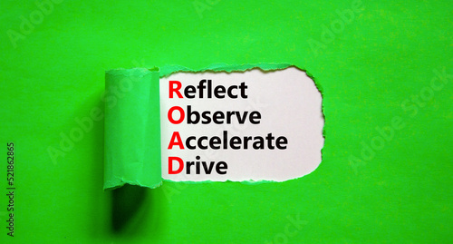 ROAD reflect observe accelerate drive symbol. Concept words ROAD reflect observe accelerate drive on white paper, green background. Business ROAD reflect observe accelerate drive concept. Copy space.