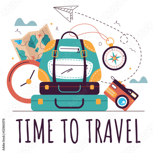 Adventure travel time vacation holiday poster typography luggage banner poster text place concept. Vector design graphic element illustration
