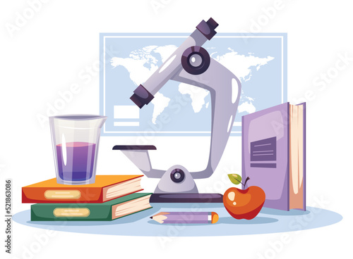 Science biology academic chemical analysis laboratory workplace education concept. Vector design graphic element illustration