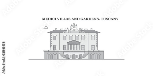 Italy, Tuscany, Medici Villas And Gardens city skyline isolated vector illustration, icons