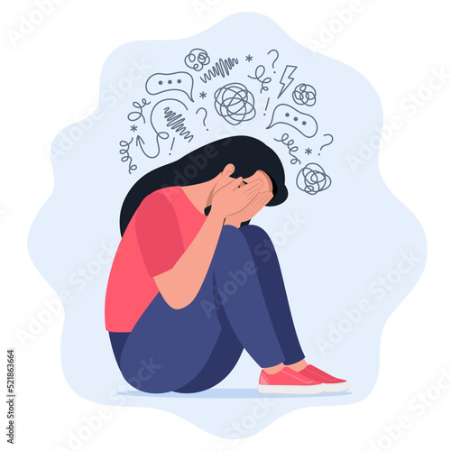 Young woman is sitting surrounded by stream of thoughts, chaos in head. Mental disorder, anxiety, depression, stress, headache. Dizziness, sad, anxious thoughts, emotional burnout. Vector.