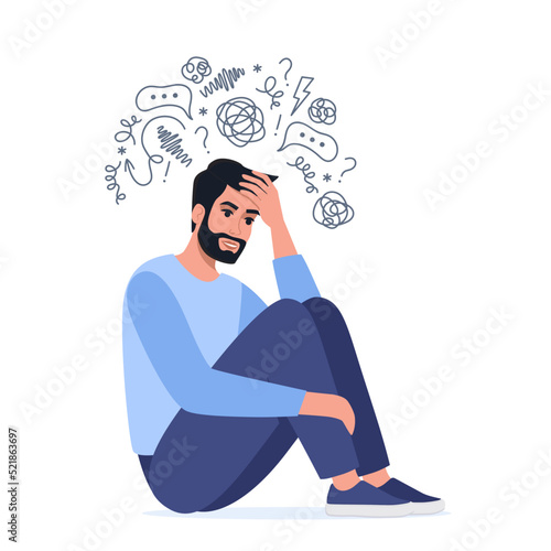 Young man is sitting surrounded by stream of thoughts, chaos in head. Mental disorder, anxiety, depression, stress, headache. Dizziness, sad, anxious thoughts, emotional burnout. Vector illustration.