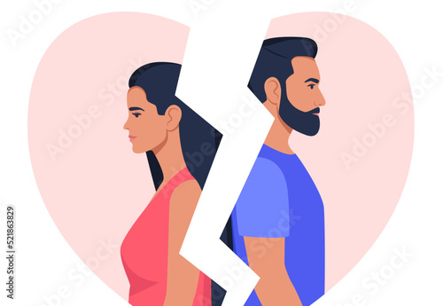 Man and woman stand with their backs to each other, broken heart on background. Concept of divorce, misunderstanding, disagreement, relationship troubles. Man and woman in a quarrel, conflict. Vector.