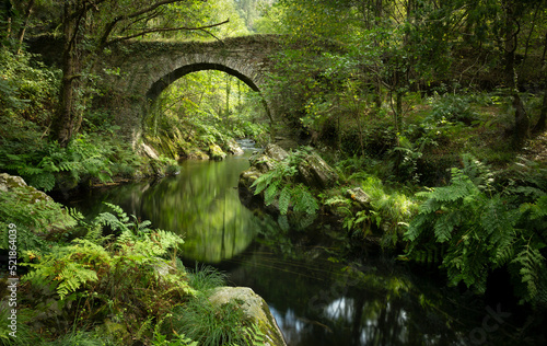Ancient Roman bridge over the Polea river in Villayon, Asturias, Spain. Nature landscape, rural tourism. © Alfredo López