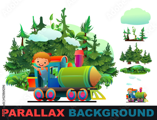 Locomotive rides on railroad. Set parallax effect. Cartoon style illustration. Coniferous forest with fir trees. Cute childish. Boy driving. Isolated on white background. Vector
