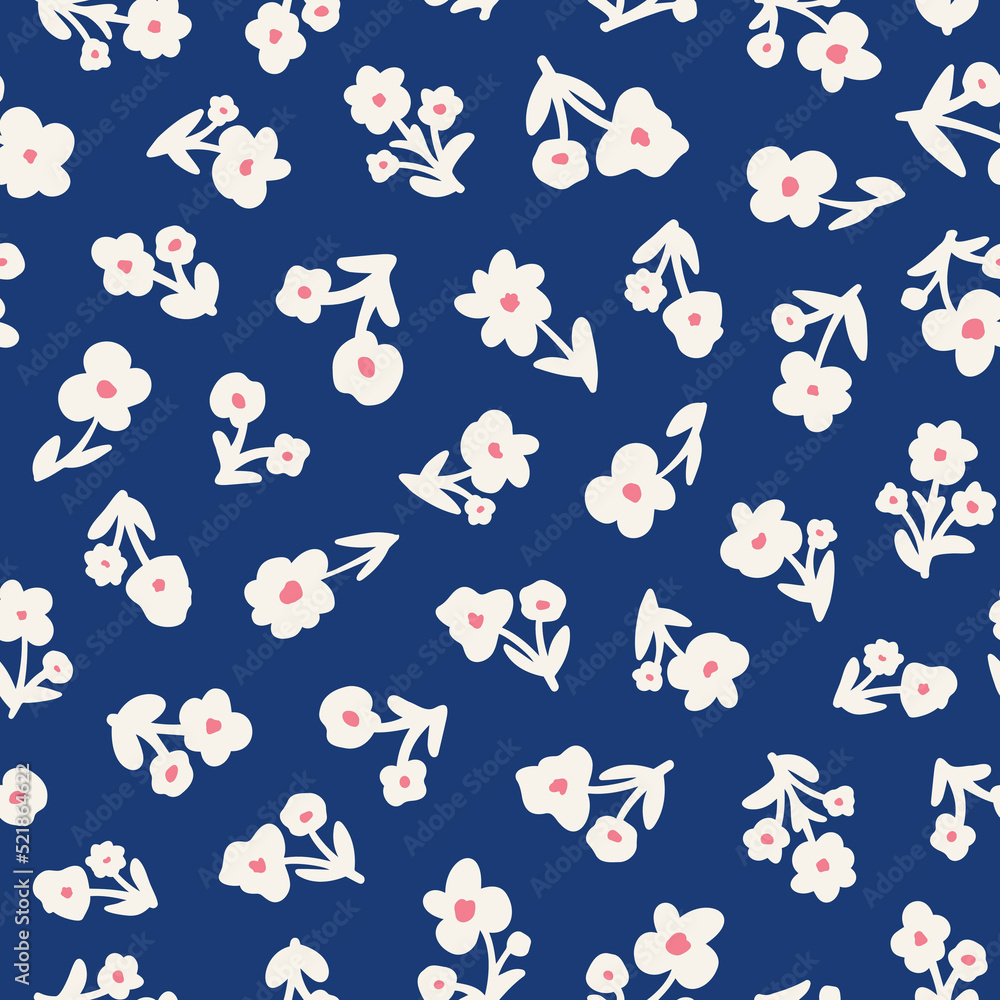 Cute flowers with leaves seamless repeat pattern. Random placed, vector botany all over surface print on blue background. Cute flowers with leaves seamless repeat pattern. Random placed, vector botany all over surface print on blue background.
