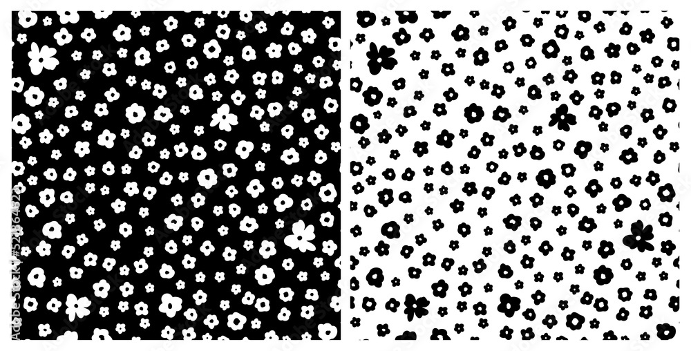 Set of cute little floral heads seamless repeat pattern. Monochrome, random placed, vector calico all over surface print.