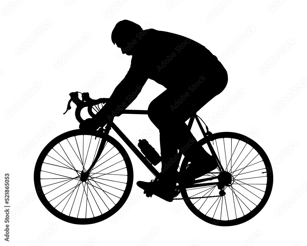 A big guy on a road bike. A man in a tracksuit and sneakers rides a bicycle. Cyclist. Cycling. Sport. Path of health. Side view, profile. Male black color silhouette isolated on white background. A big guy on a road bike. A man in a tracksuit and sneakers rides a bicycle. Cyclist. Cycling. Sport. Path of health. Side view, profile. Male black color silhouette isolated on white background.