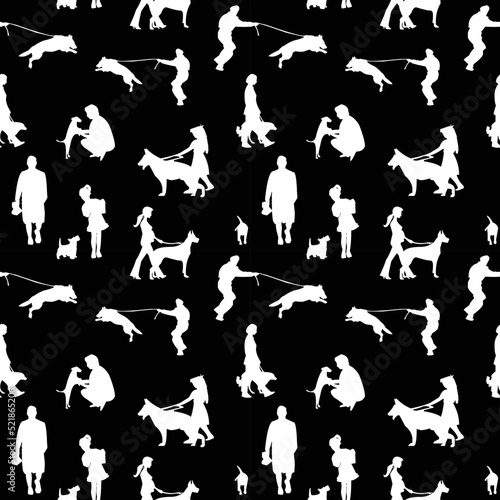 Seamless pattern of pet and owners holding or walking a dog, Barkitecture concepts black and white