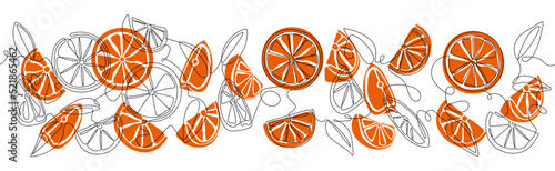 Horizontal hand drawn pattern with slices of orange fruit. Sketch Background with citrus. Continuous line art drawing style. Vector illustration.