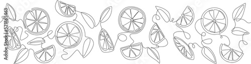 Horizontal  seamless pattern with slices of orange fruit. Doodle background with citrus. Continuous line art drawing style. Vector illustration.